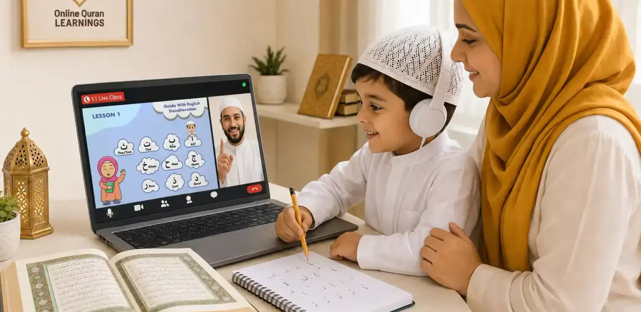 A young boy in a live one-to-one Quran lesson on a laptop while his mother sits beside him