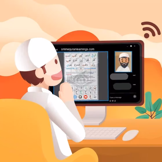 Online-Quran-Academy-Conference-Call-01-1-560x560 A boy in a white cap at a computer during an online Quran lesson, with a Qaida page shared on screen and his teacher on video