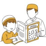 Learn Noorani Qaida with Tajweed Cartoon illustration of children learning Noorani Qaida and Tajweed for Islamic Quran study online.