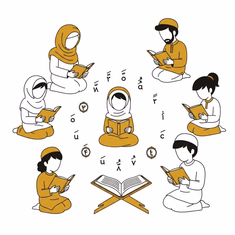 Learning Quran with Tajweed Cartoon illustration of diverse students reading Quran with Tajweed, symbolizing accurate recitation.