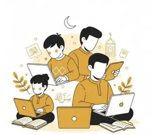 Cartoon illustration of diverse adults and children learning Quran online on laptops, in yellow and white.