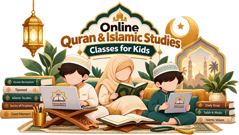 Online Quran and Islamic Studies Classes for Kids Illustration of children learning Quran and Islamic studies online with Online Quran Learnings on a laptop and tablet